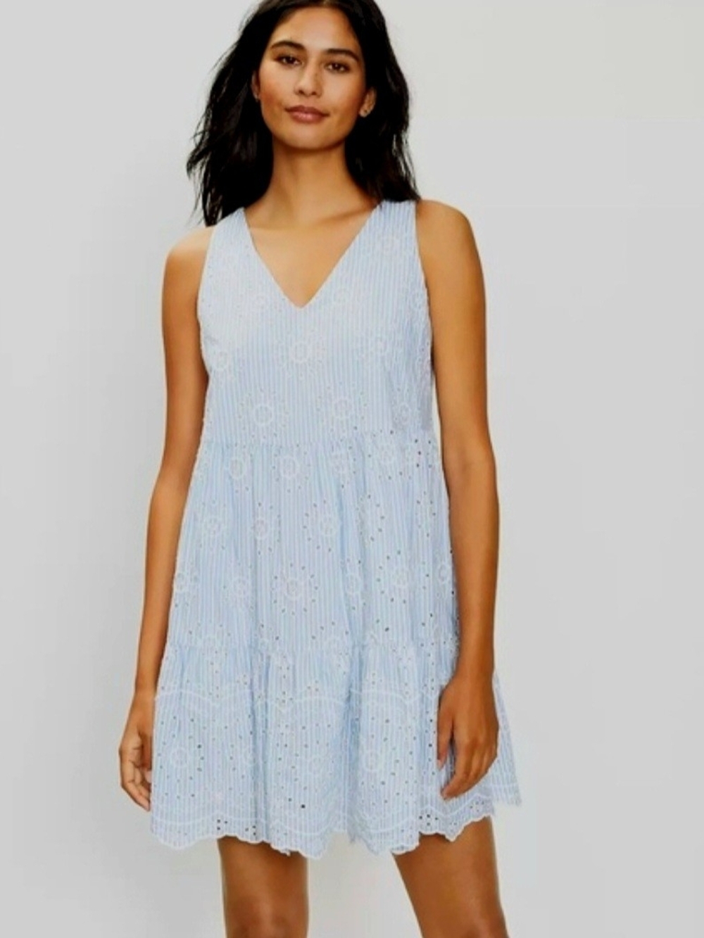 LOFT Blue White Striped Embroidered Eyelet V-Neck Mini Dress XXSP Like New